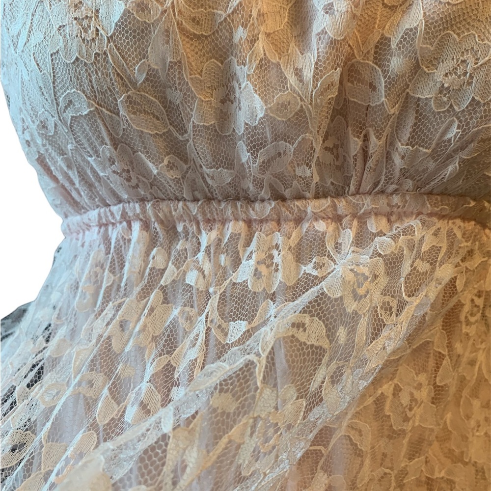 Vintage 70's Beautiful Pale Pink Pleated Lace Dress Ribbon Straps Cottage Core - Picture 9 of 10